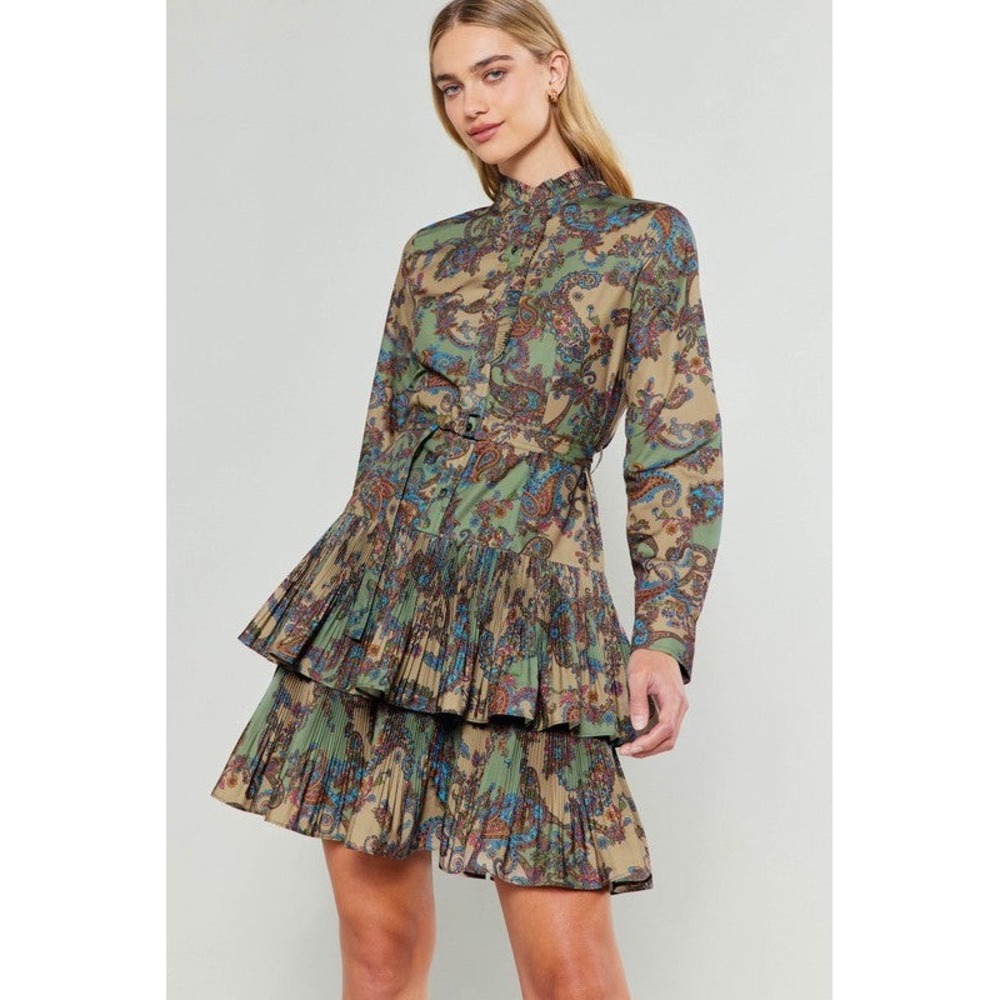 Current Air Tiered Mini Dress Tan Green Paisley Plisse Ruffle Long Sleeve Sz XS